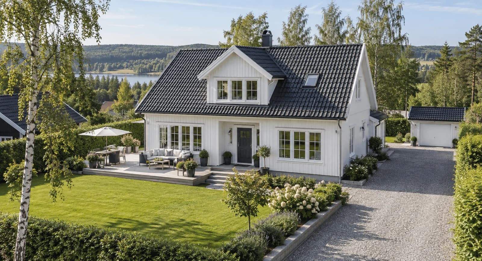 Flygperspektiv över en vit villa med trädgård, uteplats och grusuppfart.